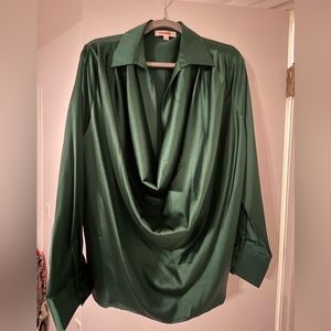 Green stain/silk blend cowl neck top